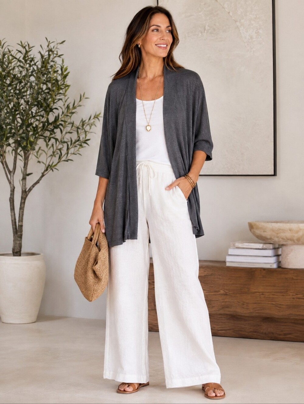 PureJill by J. Jill Gray Linen Blend Open Front Cardigan Topper Tunic Size Large
